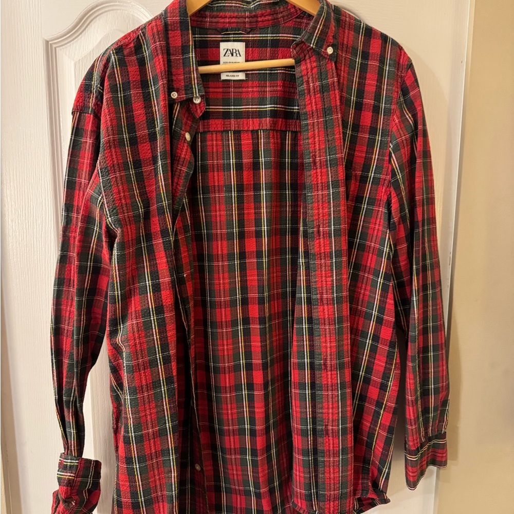 Zara Men's Casual Red and Green Checkered Shirt